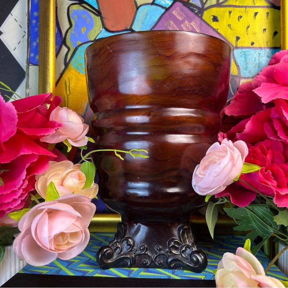 Large 10” Amber Planter Vase, Vintage Rococo Revival Base, Warm‎ Rustic Décor